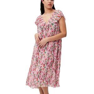 Ganni NWT Sz EU 42 L Pink Floral Pleated Georgette Midi Dress Ruffle‎ Cocktail